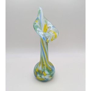 Vintage (Murano?) Jack-in-the-pulpit handblown art glass vase blue green yellow